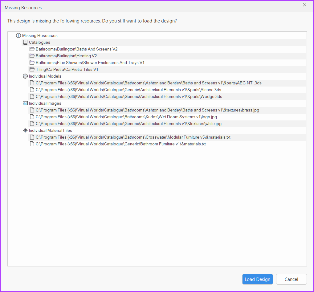 Screenshot example of report showing missing resources in a design