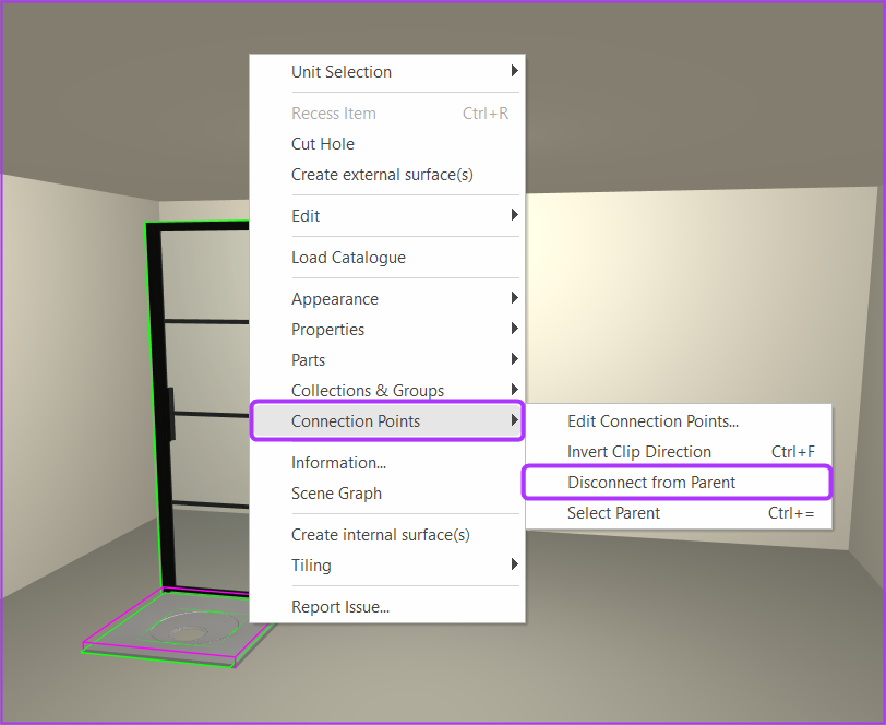 Screenshot showing how to disconnect a shower tray from a shower enclosure